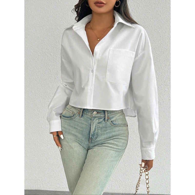 Women’s Button-Down Shirt – Oversized Fit – Cropped Length – Cotton Blend – Casual Style