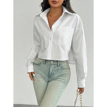 Women’s Button-Down Shirt – Oversized Fit – Cropped Length – Cotton Blend – Casual Style