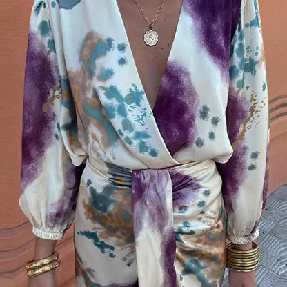 Women’s Wrap Dress – Luxury Fabric – Abstract Print – Puff Sleeves – Fitted Waist