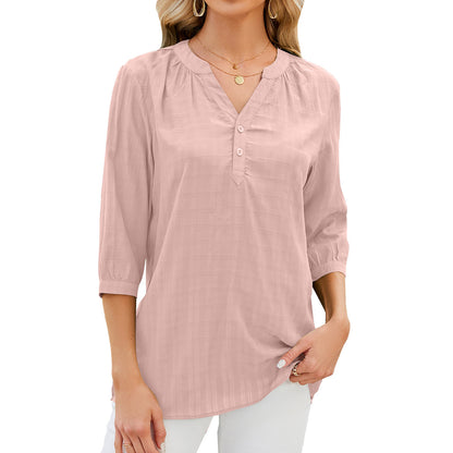 Women’s Blouse – Relaxed Fit – Cotton Blend – 3/4 Sleeve – Button Front