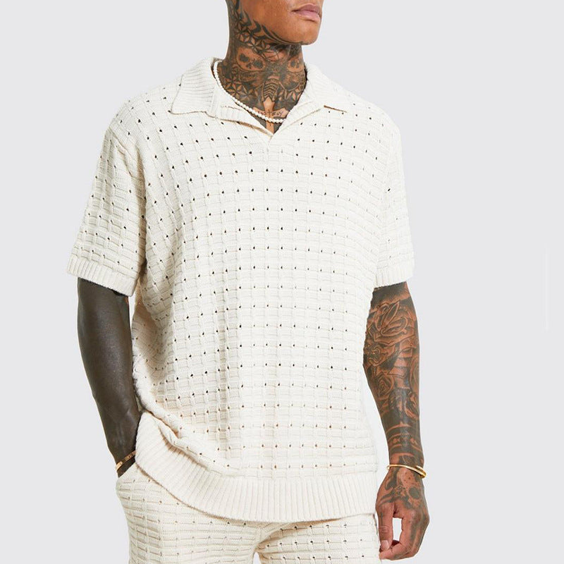 Men’s Knit Polo Shirt – Relaxed Fit – V-Neck – Short Sleeve – Breathable Ribbed Hem