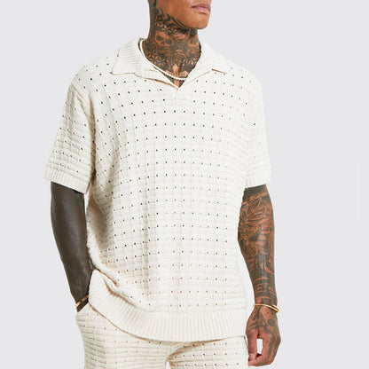 Men’s Knit Polo Shirt – Relaxed Fit – V-Neck – Short Sleeve – Breathable Ribbed Hem