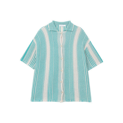 Men’s Knit Shirt – Loose Fit – Short Sleeve – Button-Down – Breathable Striped