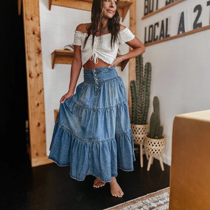 Women’s Denim Skirt – A-Line Fit – Tiered Layers – Button Front – Midi Length Casual