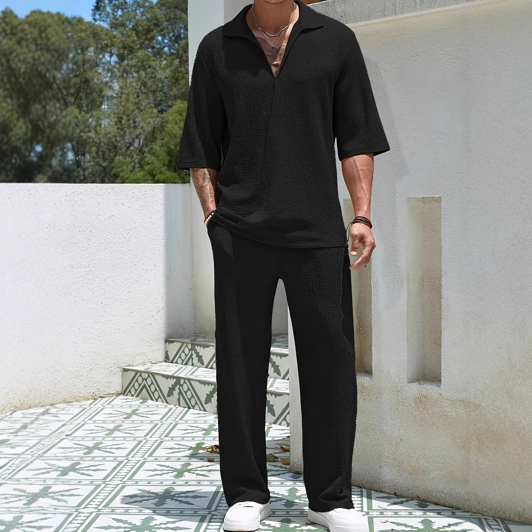 Men’s Shirt and Pants Set – Relaxed Fit – Breathable Textured Fabric – Elastic Waist