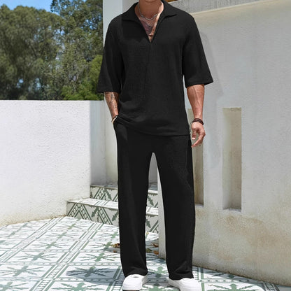 Men’s Shirt and Pants Set – Relaxed Fit – Breathable Textured Fabric – Elastic Waist