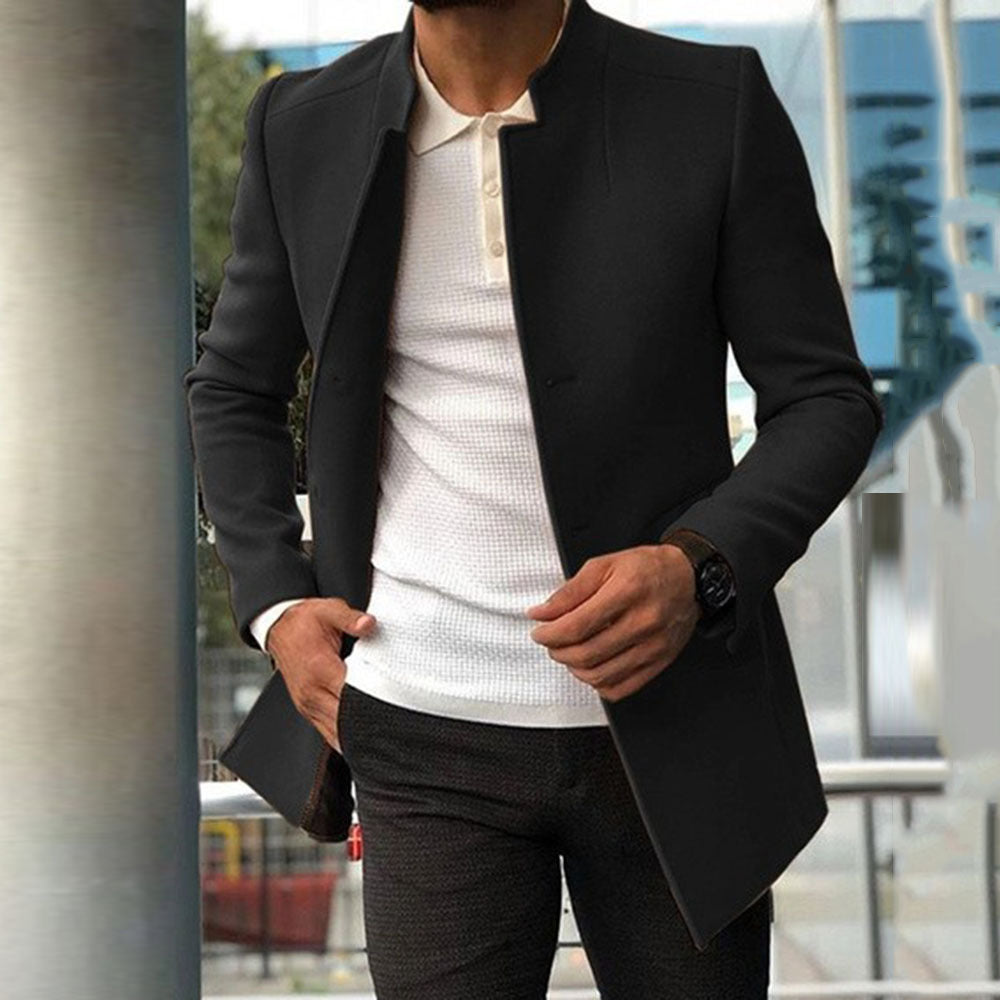 Men’s Overcoat – Slim Fit – Structured Silhouette – Standing Collar – Hidden Placket