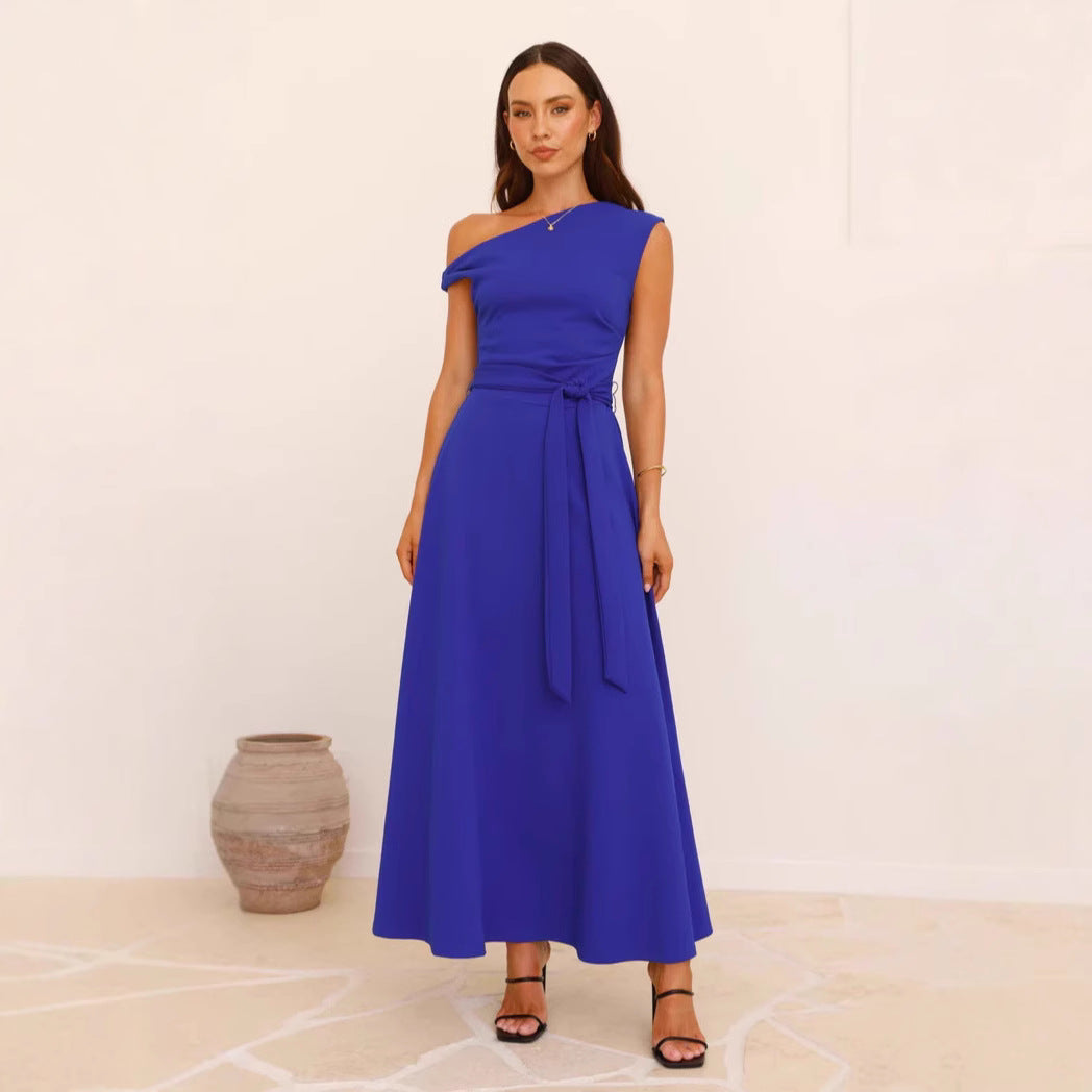 Women’s Maxi Dress – One-Shoulder – Satin Finish – Waist Tie – Elegant Silhouette