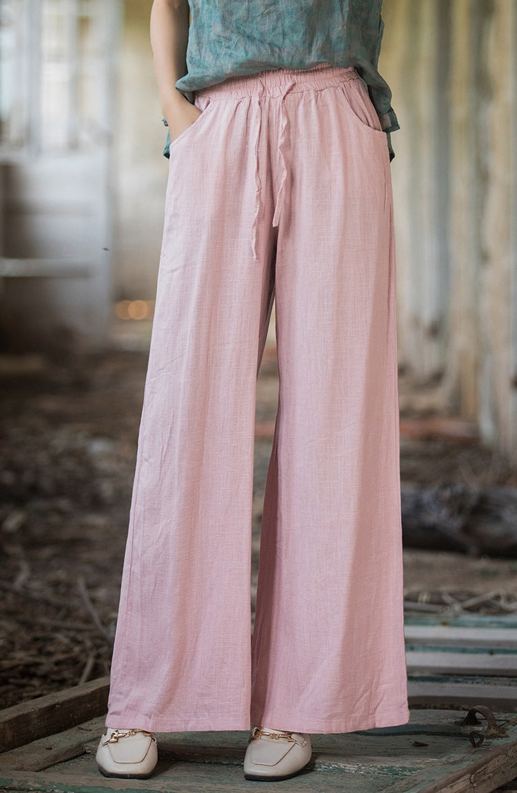 Women’s Wide-Leg Pants – Cotton Linen Blend – Relaxed Fit – Drawstring Waist – Full Length
