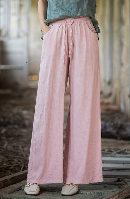 Women’s Wide-Leg Pants – Cotton Linen Blend – Relaxed Fit – Drawstring Waist – Full Length