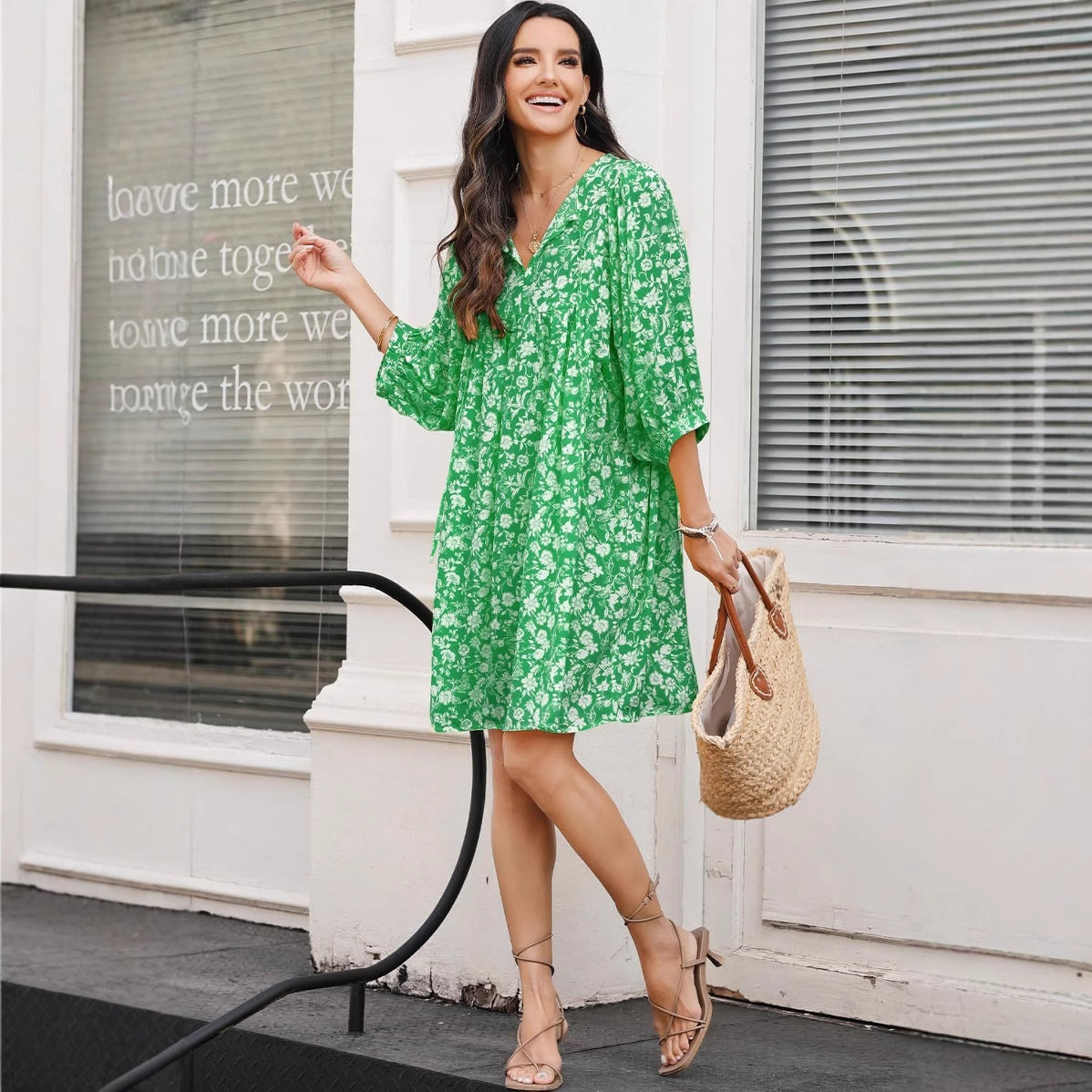 Women’s Midi Dress – V-Neck – Lantern Sleeve – Relaxed Fit – Cotton Boho Floral