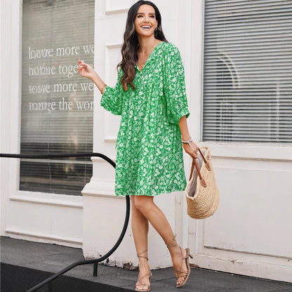 Women’s Midi Dress – V-Neck – Lantern Sleeve – Relaxed Fit – Cotton Boho Floral