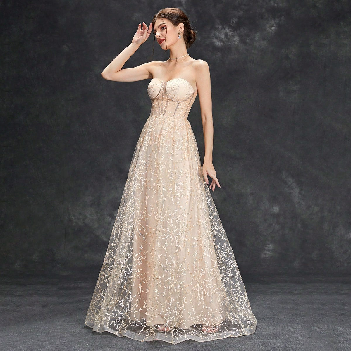 Women’s Evening Gown – Strapless A-Line – Embroidered Tulle – Structured Bodice – Floor Length