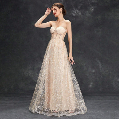 Women’s Evening Gown – Strapless A-Line – Embroidered Tulle – Structured Bodice – Floor Length