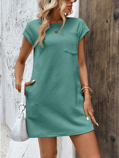 Women’s Mini Dress – Relaxed Fit – Textured Geometric Pattern – Short Sleeve – Breathable Blend