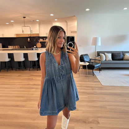 Women’s Denim Romper – Loose Fit – Sleeveless – Lace-Up V-Neck – Short Casual Style