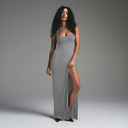 Women’s Maxi Dress – Slim Fit – Spaghetti Straps – Scoop Neck – High Slit Backless