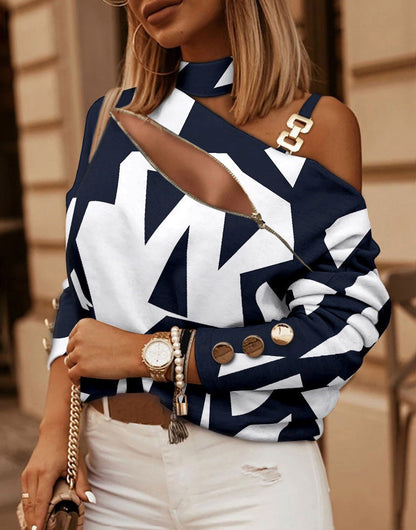 Women’s Halter Neck Top – Geometric Print – Chain Strap – Cut-Out Shoulder – Cropped Fit