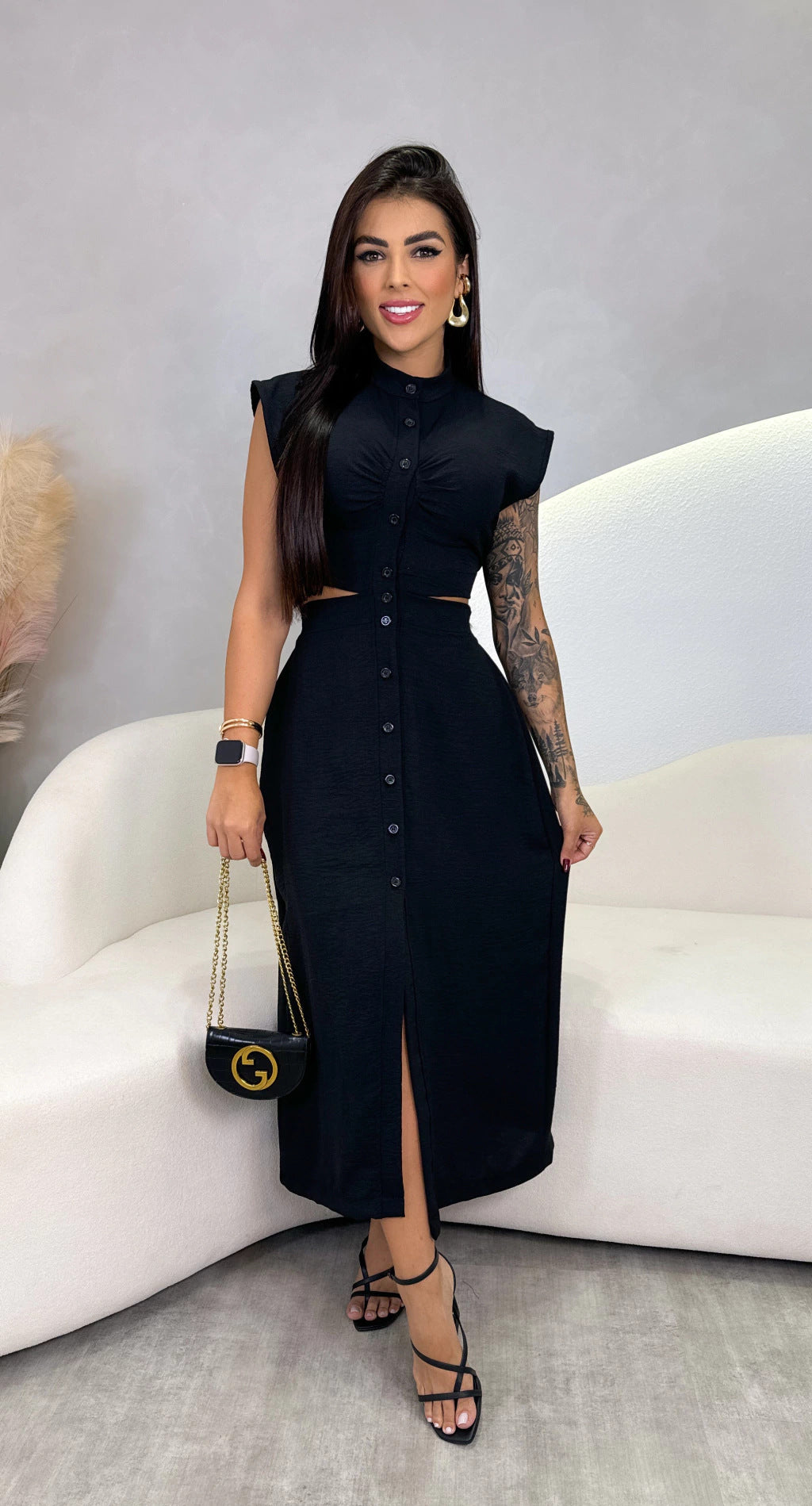 Women’s Midi Dress – Slim Fit – Sleeveless – Cut-Out Waist – Button Front – Stand Collar