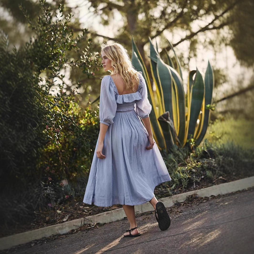 Women’s A-Line Dress – Cotton Blend – Smocked Waist – Long Sleeve V-Neck Ruffle