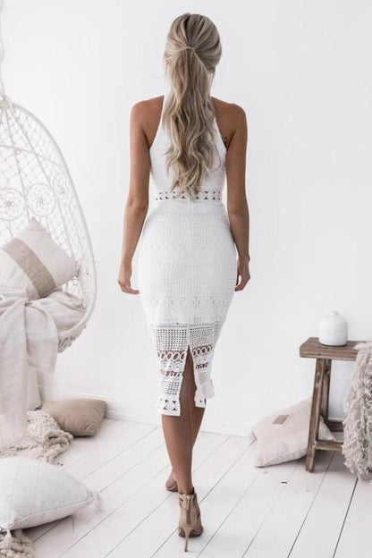 Women’s Lace Midi Dress – Slim Fit – Halter Neck – Sheer Crochet Detail – Formal Wear