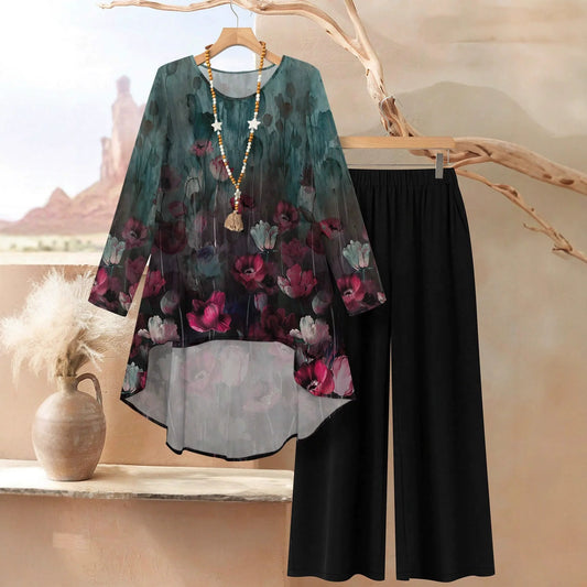 Women’s Top and Trousers Set – Relaxed Fit – Floral Print – High-Low Hem – Wide Leg