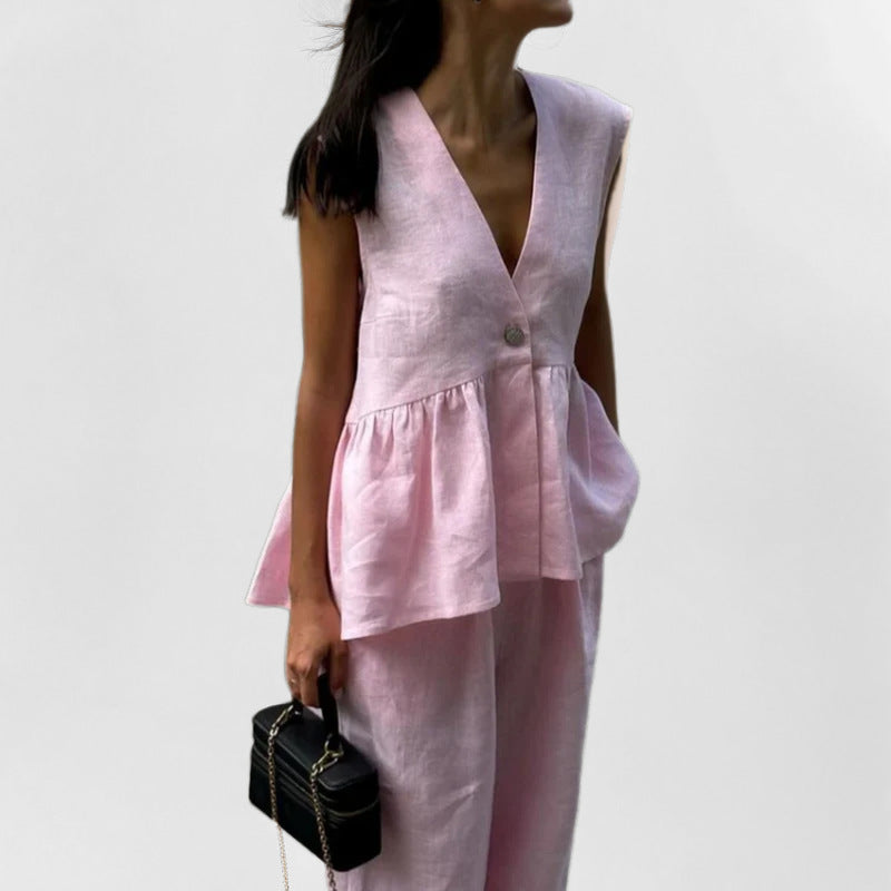Women’s Vest – Linen Blend – Relaxed Fit – Peplum Waist – Sleeveless V-Neck