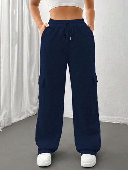 Women’s Cargo Sweatpants – Relaxed Fit – Wide Leg – High Waist – Drawstring