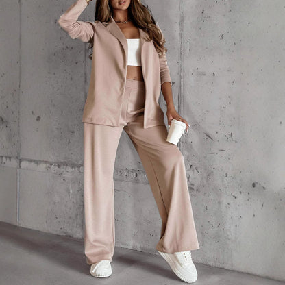 Women’s Blazer Set – Relaxed Fit – Notched Collar – Wide-Leg Trousers – Breathable Fabric