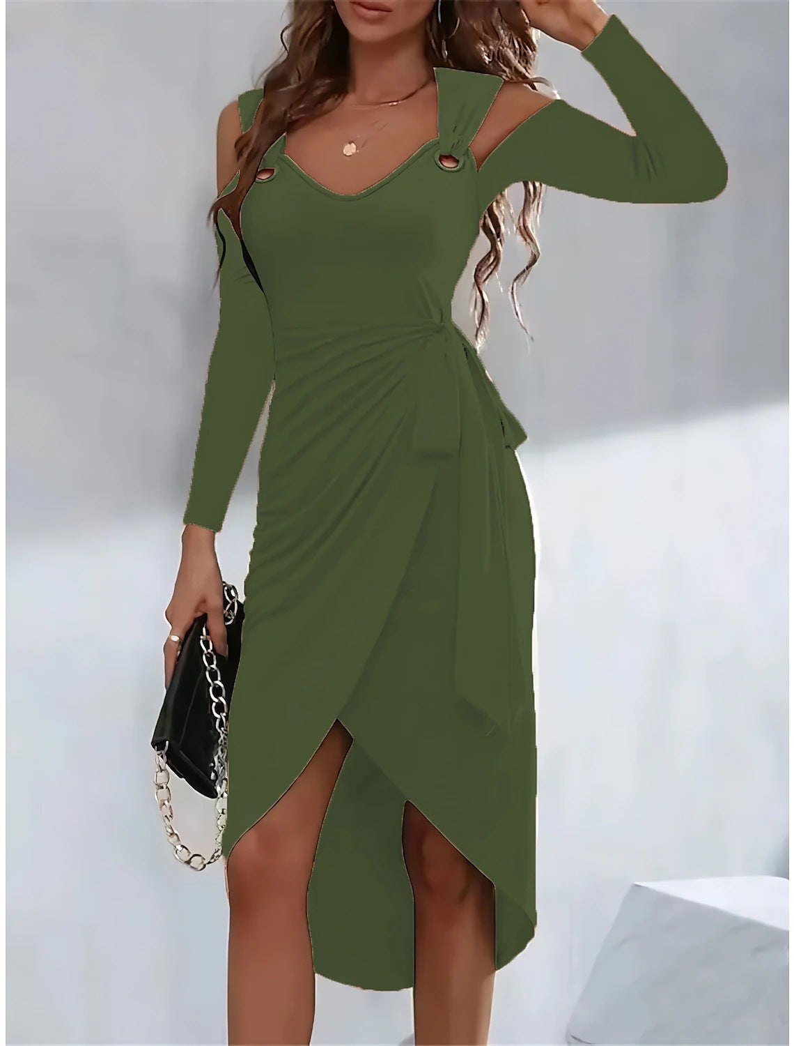 Women’s Midi Dress – Slim Fit – V-Neck – Waist Tie – Shoulder Cut-Out – Asymmetric Hem