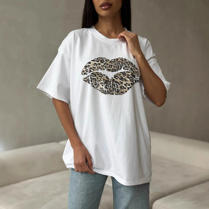 Women’s Graphic T-Shirt – Loose Fit – Cotton Blend – Leopard Lips Print – Casual Wear