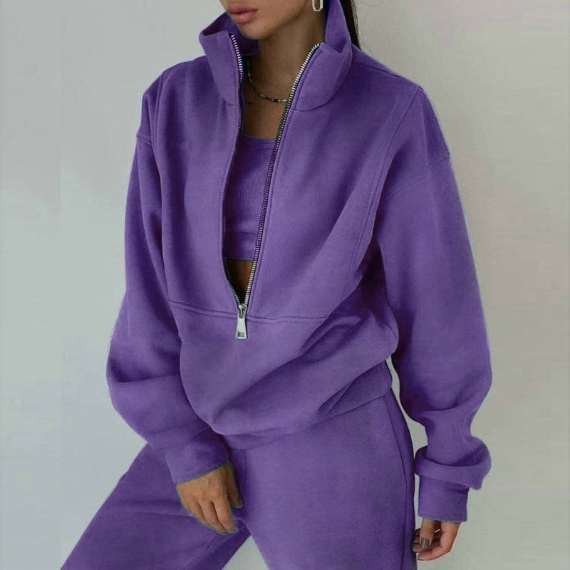 Women’s Tracksuit Set – Relaxed Fit – Half-Zip Pullover – Crop Layer – Full-Length Pants