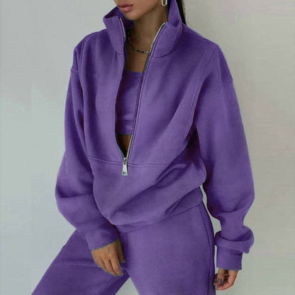 Women’s Tracksuit Set – Relaxed Fit – Half-Zip Pullover – Crop Layer – Full-Length Pants