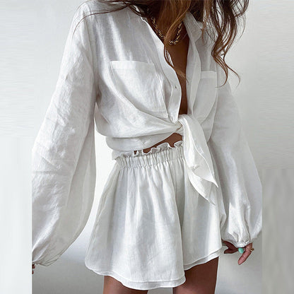 Women’s Two-Piece Set – Lightweight Cotton Blend – Tie-Front Blouse – High-Waist Ruffle Shorts