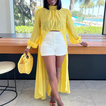 Women’s Blouse – Sheer Chiffon – High Neck – Puffed Sleeves – High Low Hem