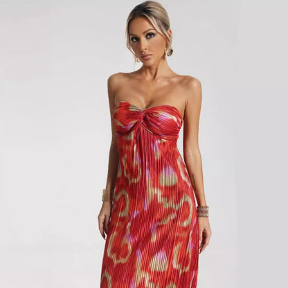 Women’s Strapless Maxi Dress – Slim Fit – Pleated Fabric – Abstract Print – Formal Wear