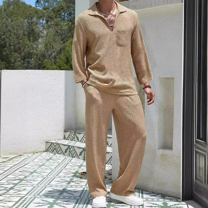 Men’s Lounge Set – Relaxed Fit – Textured Soft Fabric – Long Sleeve Shirt & Pants