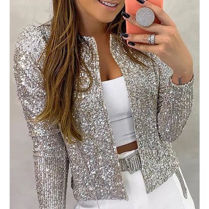 Women’s Tailored Jacket – Sequin Embellished – Fitted Silhouette – Long Sleeve – Open Front