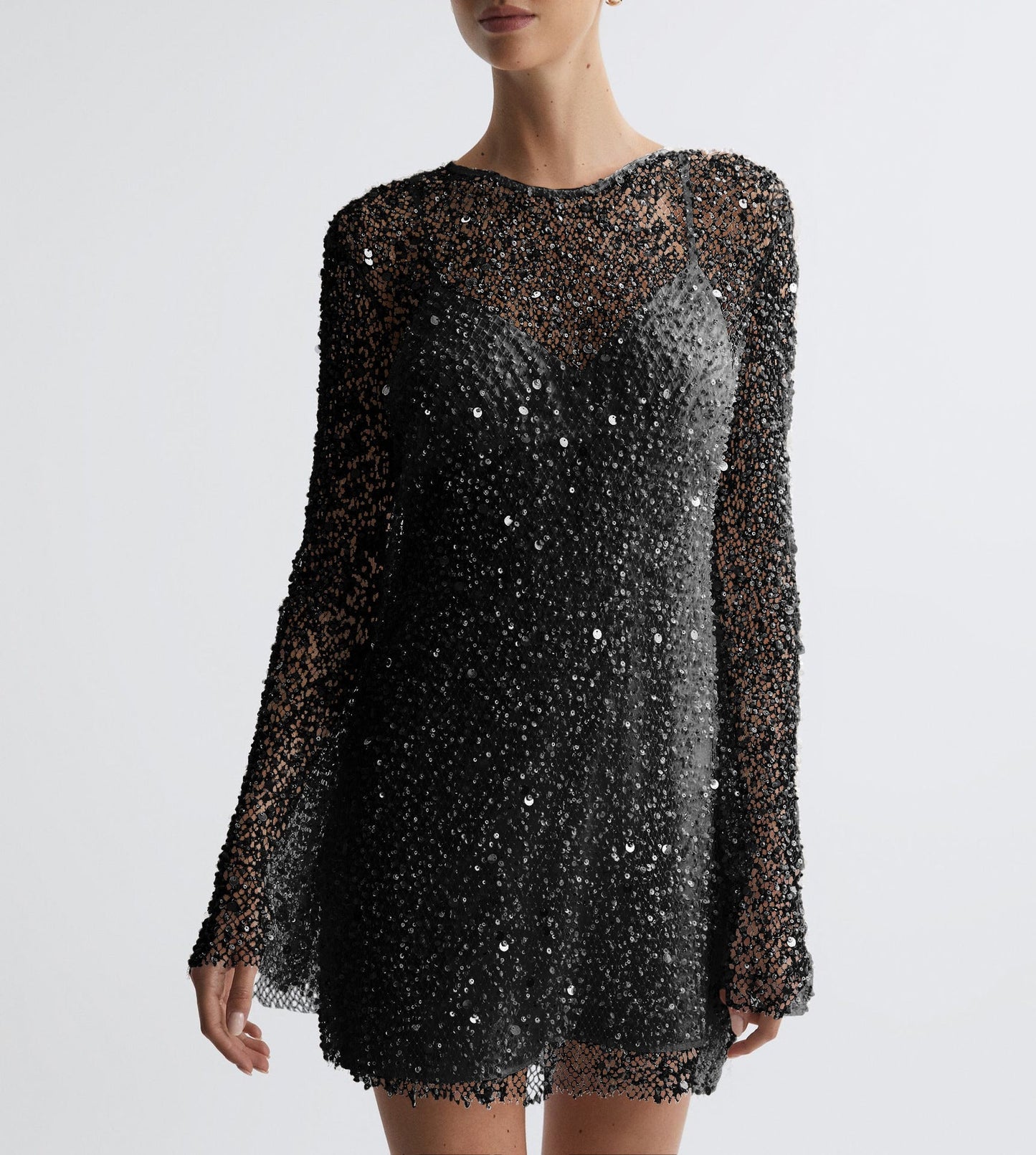 Women’s Cocktail Dress – Fitted Silhouette – Sequin Overlay – Long Sleeve – Mini Length