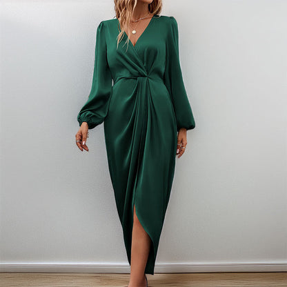 Women’s Long Sleeve Dress – Satin Look – Slim Fit – V-Neck – Ruched Waist – Slit Hem