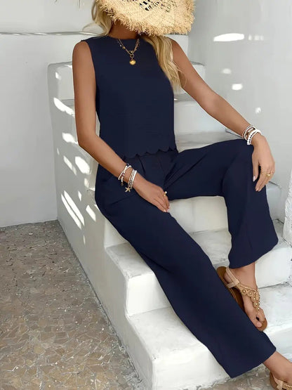 Women’s Wide-Leg Pants – Lightweight Crinkled Fabric – Relaxed Fit – Elastic Waistband