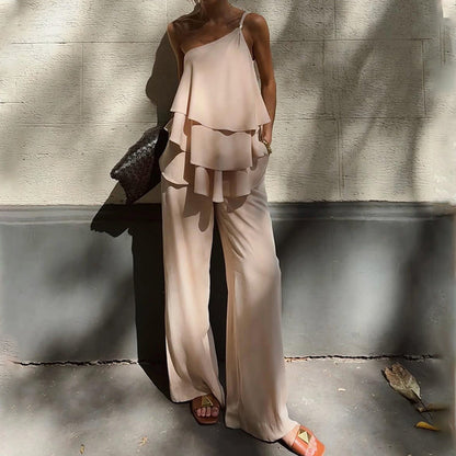 Women’s Two-Piece Set – Asymmetrical Ruffle Top – Wide-Leg Full-Length Pants