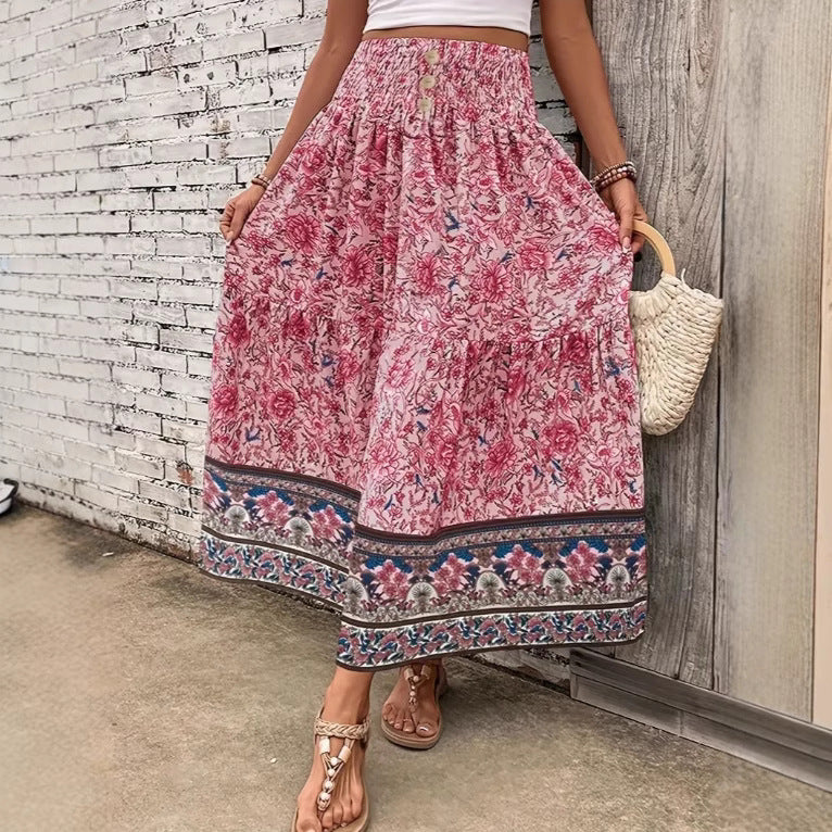 Women’s Long Skirt – Bohemian Floral – Tiered Cotton Blend – Elastic Waist Casual Fit