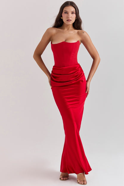 Women's Strapless Satin Evening Gown – Mermaid Silhouette – Full-Length Formal Dress
