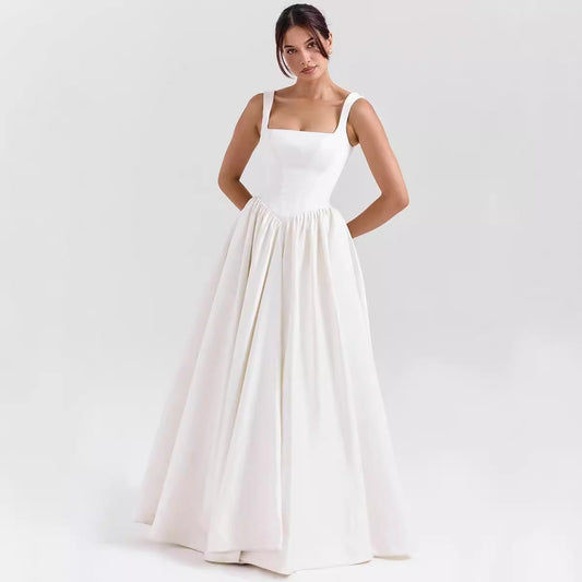 Women’s Maxi Dress – Square Neckline – Fitted Waist – Flared Skirt – Cotton Fabric