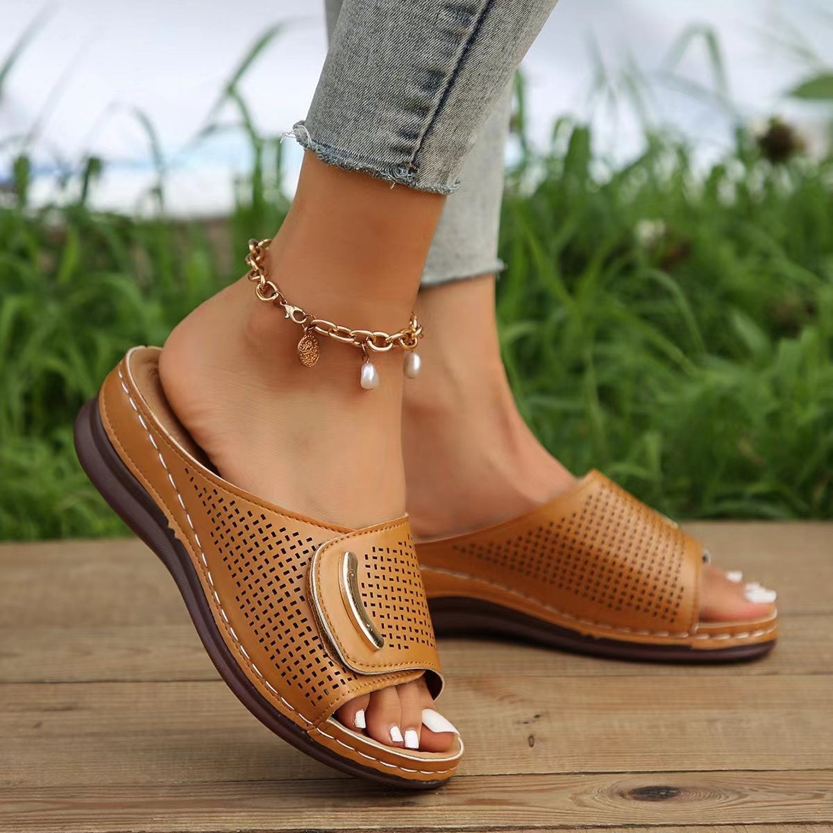 Women’s Wedge Sandals – Slip-On – Perforated Strap – Open Toe – Comfy Heel