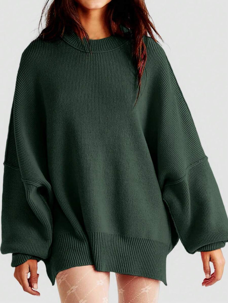 Women’s Pullover Knit Sweater – Oversized Fit – Long Sleeve – Side Slits – Textured Knit