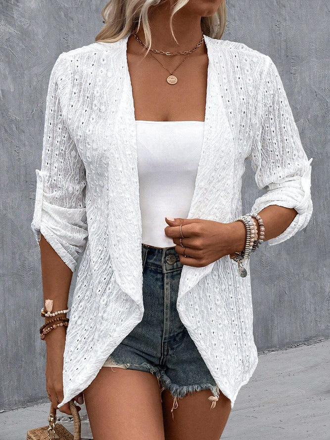 Women’s Cardigan – Crochet Knit – Open Front – Relaxed Fit – Three-Quarter Sleeve