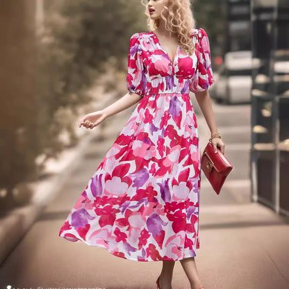 Women’s Midi Dress – Fitted Waist – V-Neck – Puff Sleeves – Breathable Blend – Printed