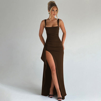 Women’s Evening Gown – Slim Fit – Satin Finish – Spaghetti Straps – Open Back – High Slit